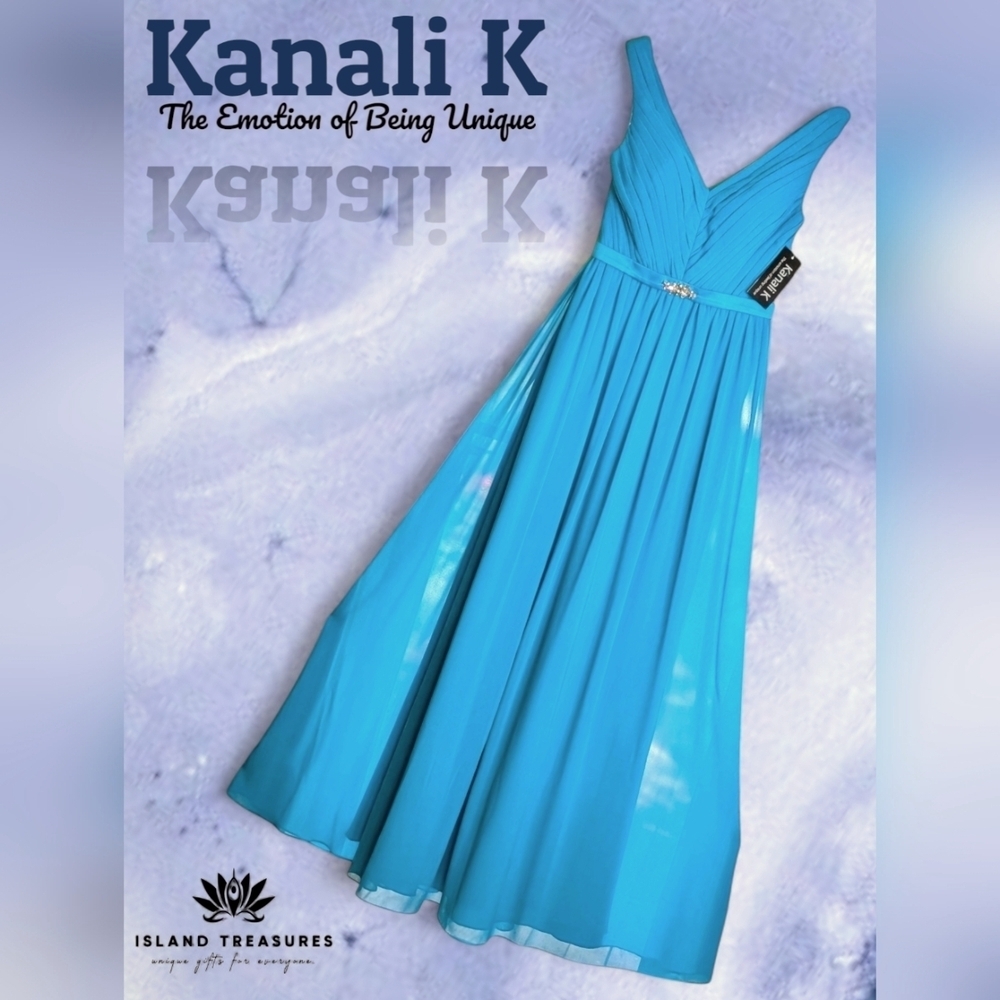 Elegant Rhinestone Kanali K Blue Malibu A Line Chiffon Maxi Evening Dress Sz 8